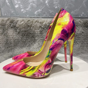 12cm heel Glossy Colorful Print Women Pointed Toe High Heels Ladies Slip On Stilettos Pumps Sexy Night Club Thin Heel Shoes