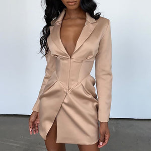 Deep V Neck Long Blazers Coats And Jackets Women Turn-Down Collar Long Sleeve Covered Button Coats Blazers Dresses