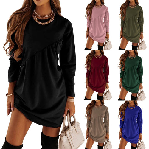 Europe and America Autumn and Winter New Solid Long Sleeve Irregular Dress
