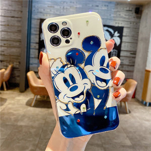 Blue light black-and-white Mickey is suitable for iPhone 12 / 11promax mobile phone case with flash drill and glue dropping