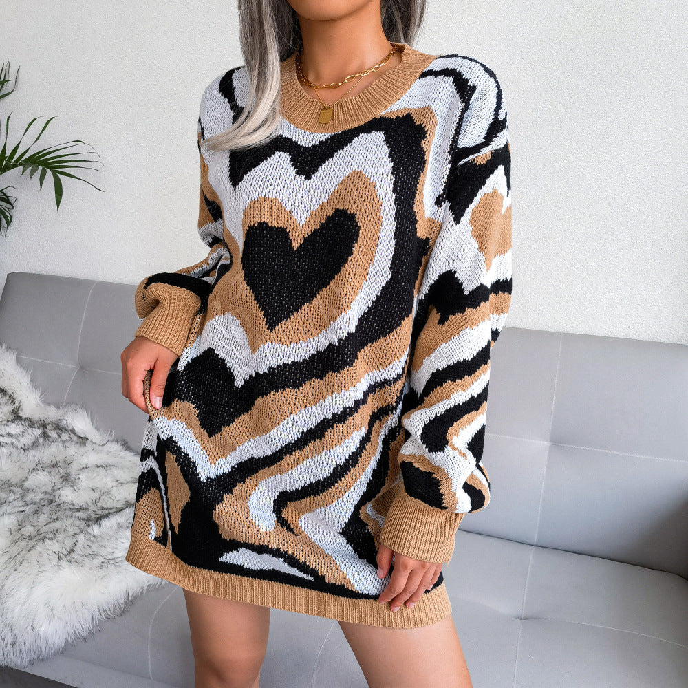 Women's Autumn And Winter New Color Collision Love Sweater Dress Knitted Dress