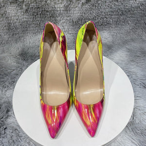 12cm heel Glossy Colorful Print Women Pointed Toe High Heels Ladies Slip On Stilettos Pumps Sexy Night Club Thin Heel Shoes