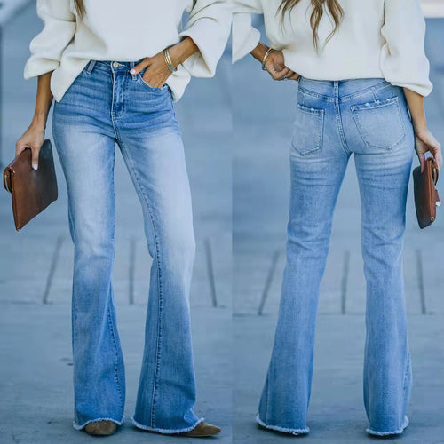 Spring New European And American Jeans Women High Waist Elastic Flared Pants