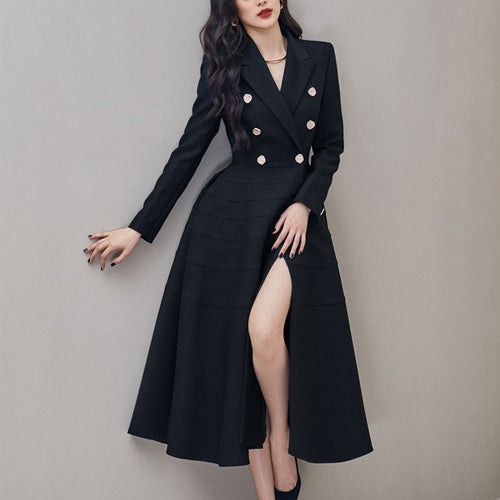 Spring New Long-Sleeved Rhinestone Buttons Open Western Collar Thin Swing Long Dress