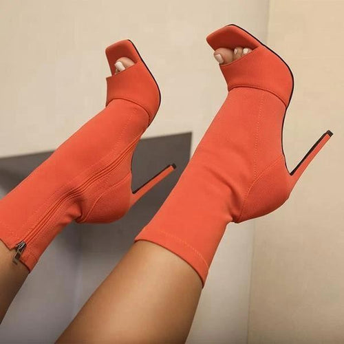 European and American fish mouth women's boots autumn fashion solid color winter red stiletto low-top women's high heels