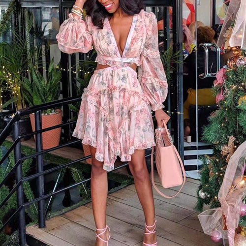 Spring Long Sleeve V Neck Pink Floral Print Hollow Out Ruffled Knee Length Chiffon Dress