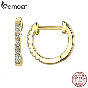 Bamoer 14K Gold Plated 925 Sterling Silver Cuff Earrings with Cubic Zircon, 10 Colors Huggie Stud for Women Girl SCE498