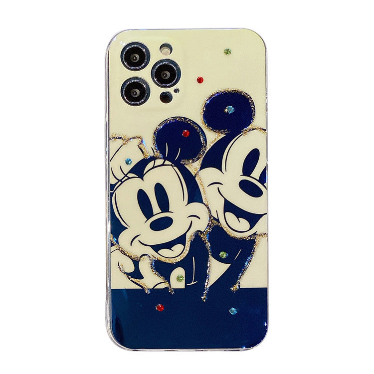 Blue light black-and-white Mickey is suitable for iPhone 12 / 11promax mobile phone case with flash drill and glue dropping