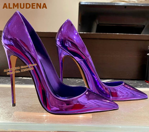 Purple Patent Leather Hologram Iridescent 12cm High Heels Pointed Toe Slip-on Shallow Dress Pumps Size 45 Wedding Shoes