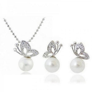 Butterfly Imitation Pearl Earrings Necklace Jewelry Set