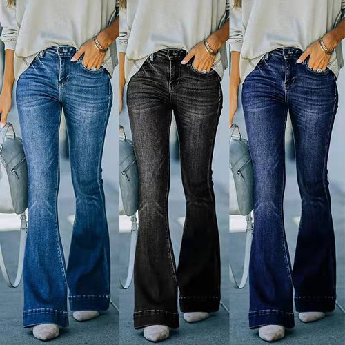 Women High Waist Stretch Stitching Flared Jeans Trousers