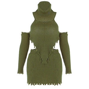 Solid Color High Neck Knitting Backless Sweater+Sexy Tight Bag Hip Skirt Two-Piece Set