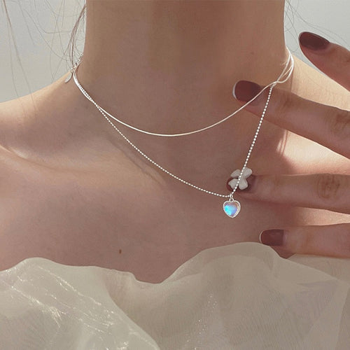 Double Design Love Moonstone Necklace New Sweet Gradient Gemstone Heart-Shaped Collarbone Necklace