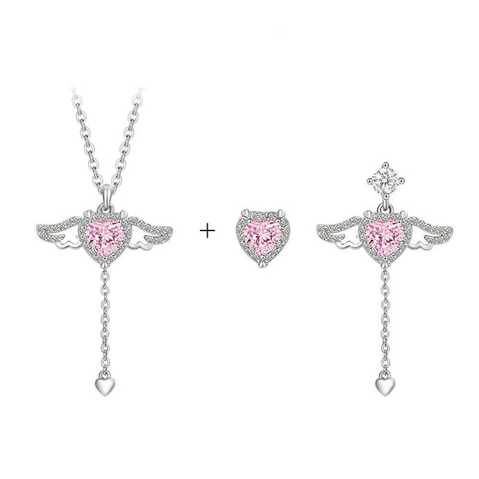 Cupid's Heart Necklace Earrings Love Angel Wings Tassel Chain