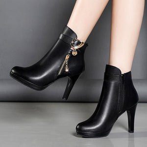 Women Ankle Boots, Thin Heel Zipper Casual Female Shoes Leather Boots Botas Mujer