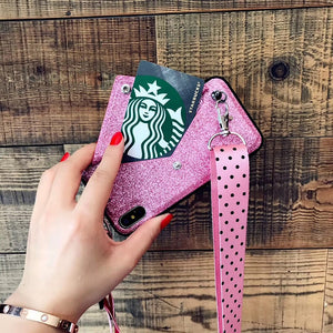 Luxury PINK Glitter Embroidery Leather Case for iPhone 7 7Plus Fashion Wave Point Lanyard Case For iphone XS Max X 8 6 6s Plus