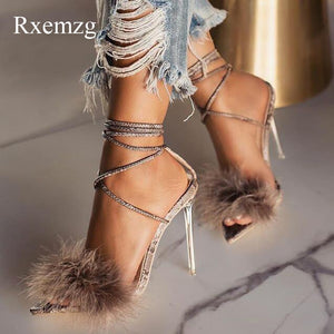 Pointed Toe Lace-up Cross Strap with Feathers