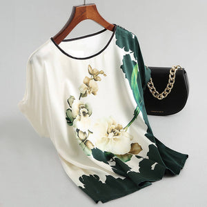 Women Silk Satin Blouses Plus size Batwing sleeve Vintage Print Floral Blouse Ladies Casual Short sleeve Tops
