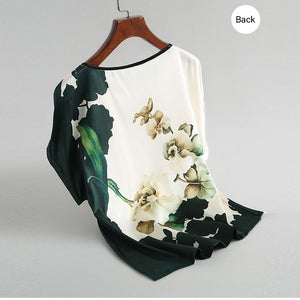 Women Silk Satin Blouses Plus size Batwing sleeve Vintage Print Floral Blouse Ladies Casual Short sleeve Tops